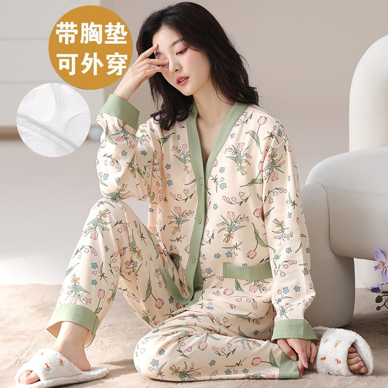 日系cherrykoko秋冬季睡衣女带胸垫棉质开衫长袖甜美可爱高级学生