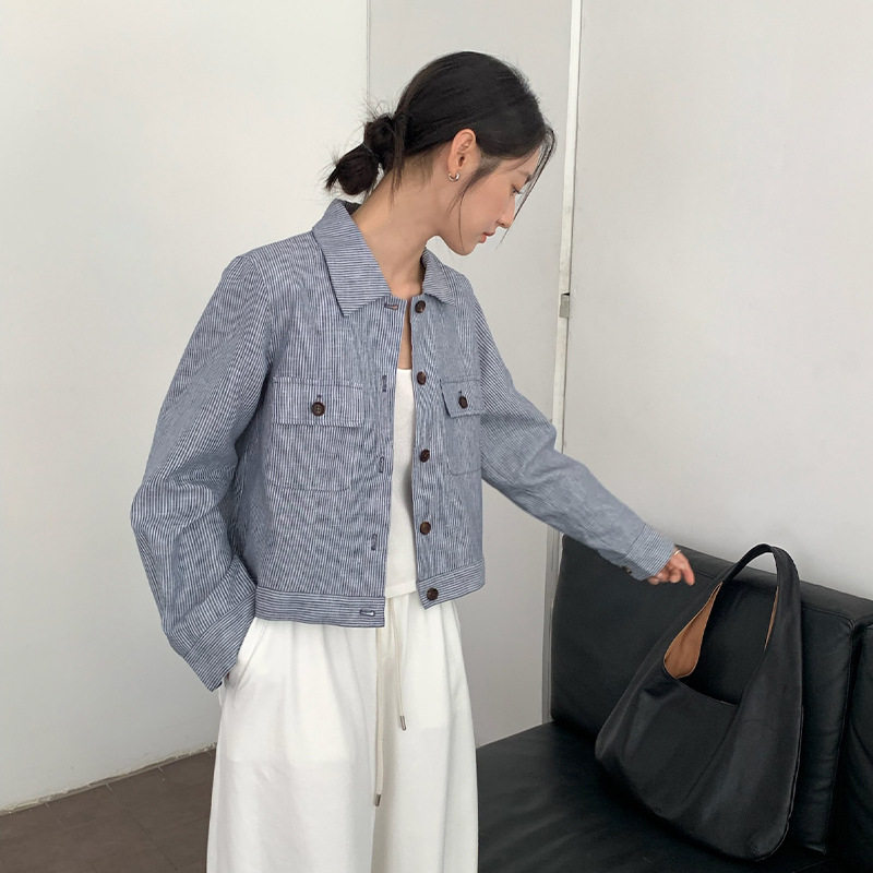 法国chrry koop 有腔调条纹亚麻夹克工装外套女秋季新款系扣翻领