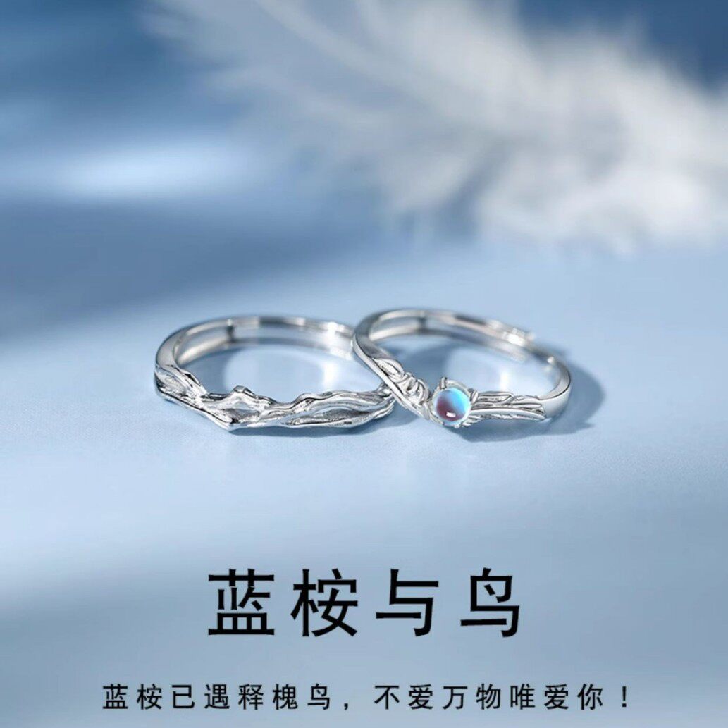 日系cherrykoko蓝桉与鸟s925银月光石情侣戒指一对小众设计高级感