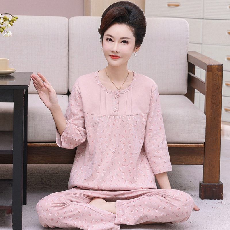 日系cherrykoko妈妈睡衣女夏中老年棉七分袖长裤春秋季套头家居服