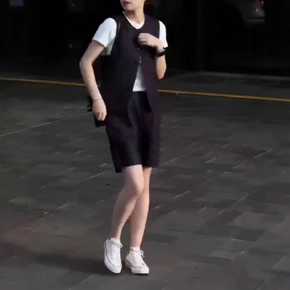 日本moleubak夏季新款色短袖打底衫洋气马甲短裤显瘦女