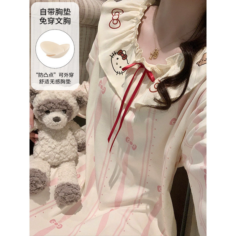 日系cherrykoko睡裙女款秋季带胸垫甜美长袖睡衣裙宽松大码少女