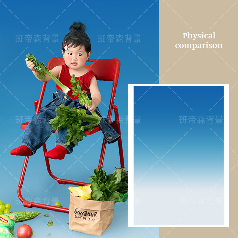 儿童蓝色渐变蔬菜水果写真氛围感可爱照相馆写真拍照背景布复古室