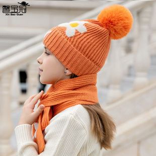 提花9828新款 帽子跨境两件套冬季 围巾女童儿童针织毛线帽保暖百搭