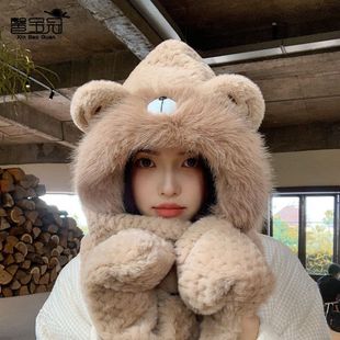 毛绒帽子护耳冬季 一体可爱帽女套时尚 手套头帽围巾保暖防寒三件套