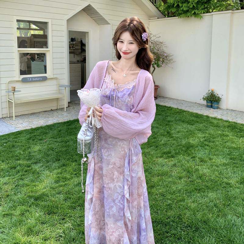 韩系温柔淡紫晕染吊带连衣裙粉色防晒开衫套装女夏海边减龄两件套