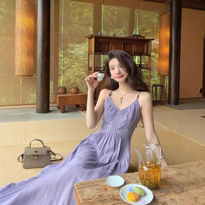 多巴胺绝美紫色吊带连衣