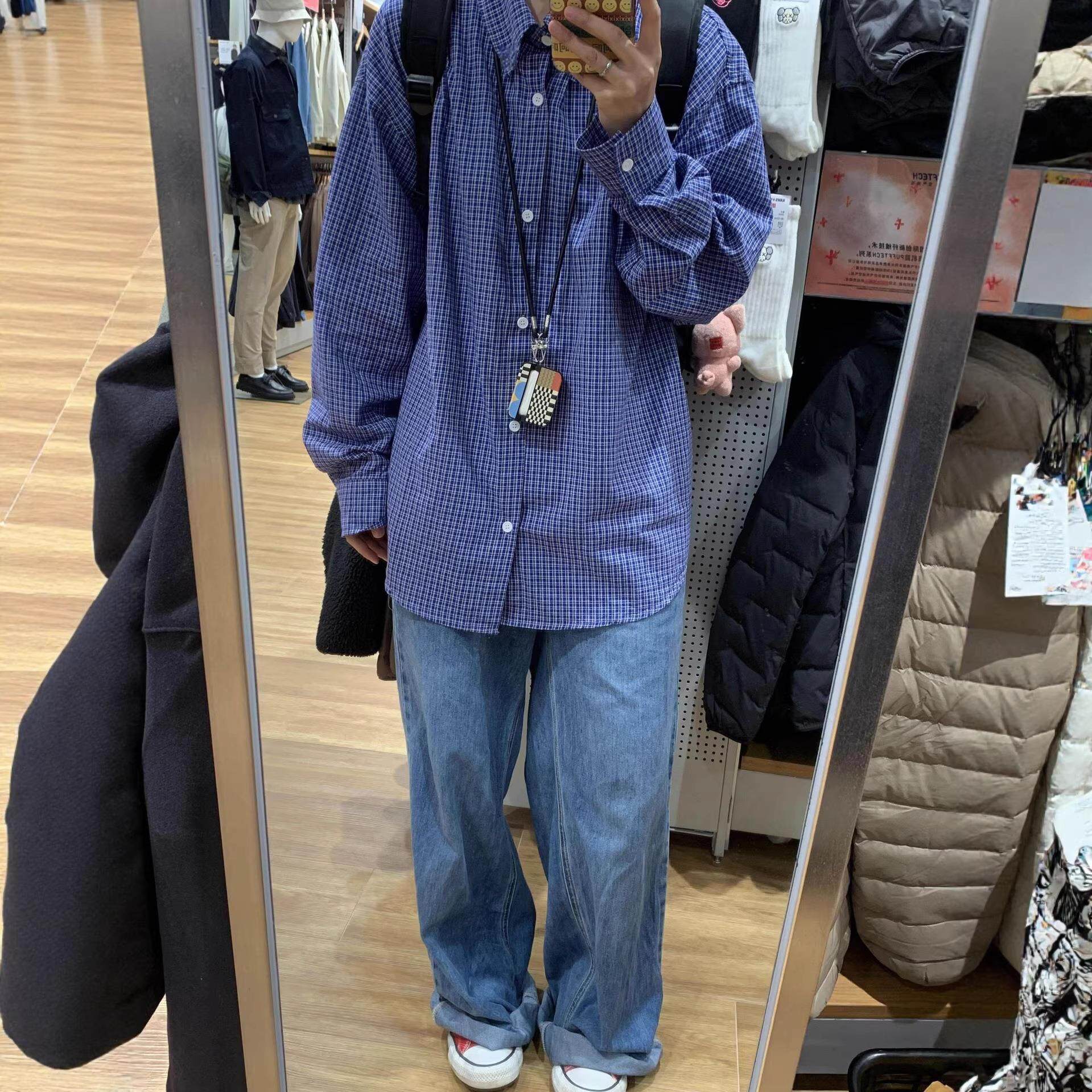 春夏美式复古经典格纹衬衣蓝色慵懒长袖衬衫男女百搭宽松格子外套