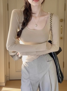 D2102# 面膜t纯欲收腰U领长袖t恤女秋装辣妹短款紧身打底衫上衣