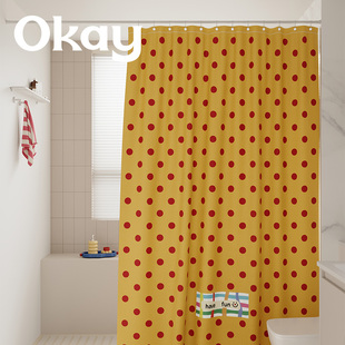 okay复古波点浴帘韩系防水卫生间隔断挂帘多巴胺淋浴间免打孔门帘
