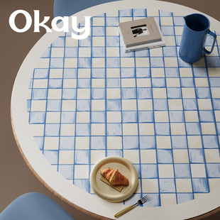okay清梦水蓝 圆形桌垫皮革餐桌垫pvc简约防水防油耐脏隔热桌布
