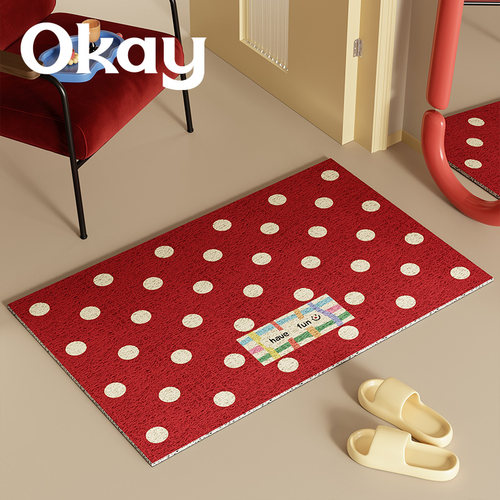 okay复古波点丝圈入户地垫门口家用可裁剪 pvc耐脏防滑除尘脚垫子