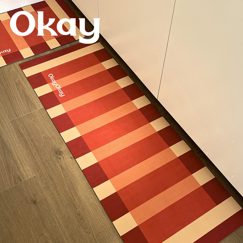 okay条纹 红色喜庆现代厨房地垫吸水防滑脚垫防油耐脏可擦免洗