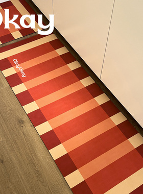 okay条纹 红色喜庆现代厨房地垫吸水防滑脚垫防油耐脏可擦免洗