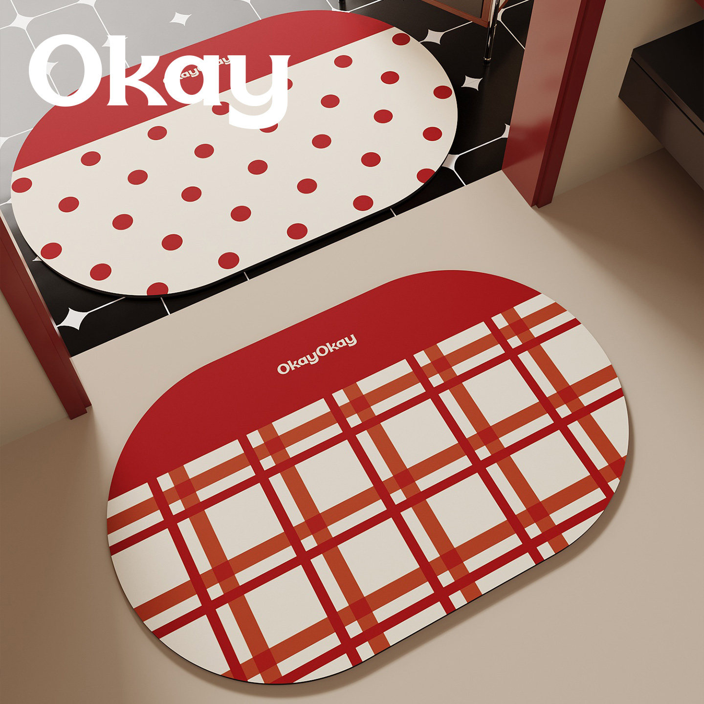 okay绛星疏点浴室吸水地垫新年红色厕所门口脚垫卫生间门垫防滑垫