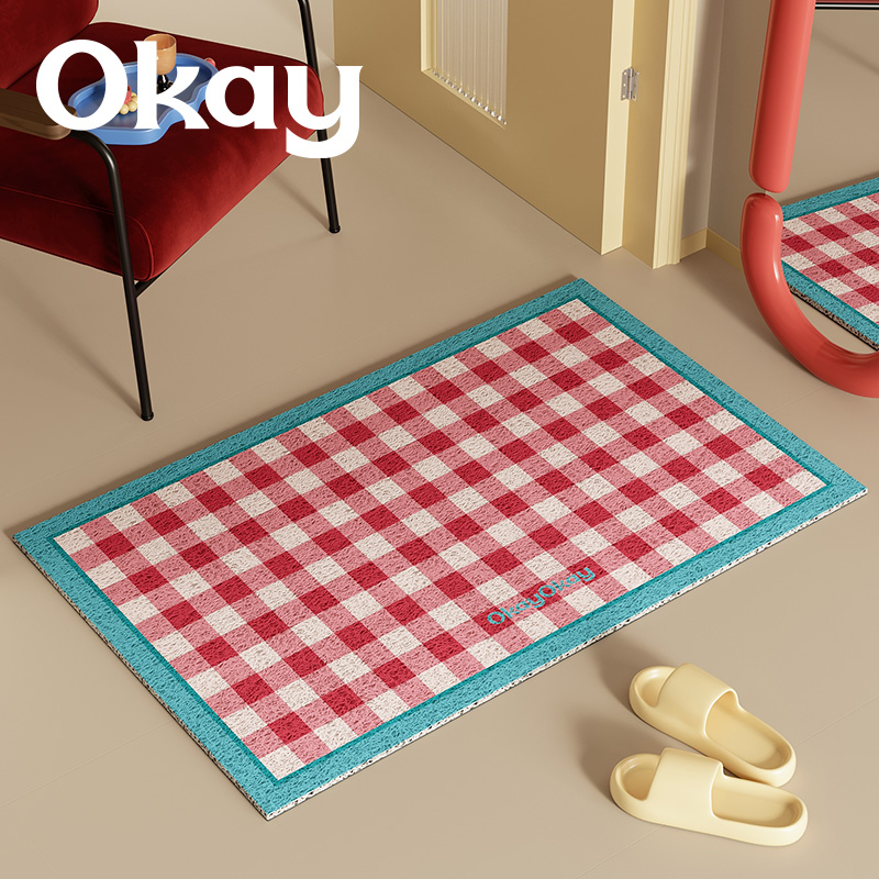 okay撞色格子丝圈入户地垫门口家用可裁剪 pvc耐脏防滑除尘脚垫子