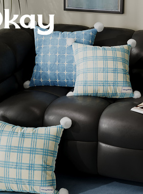 okay蓝色格纹简约客厅抱枕套沙发抱枕靠垫办公室腰枕套床头靠背垫