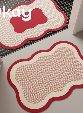 okay安斯线条浴室吸水地垫红色新年厕所门口脚垫卫生间门垫防滑垫