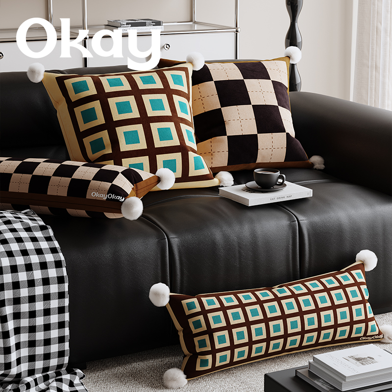 okay复古方格长条抱枕客厅沙发百搭氛围感枕套腰枕靠枕午睡枕车载