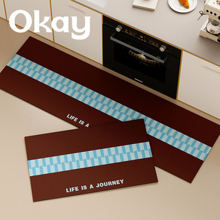 okay海韵格纹厨房地垫吸水吸油防滑耐脏脚垫多巴胺百搭简约地垫子