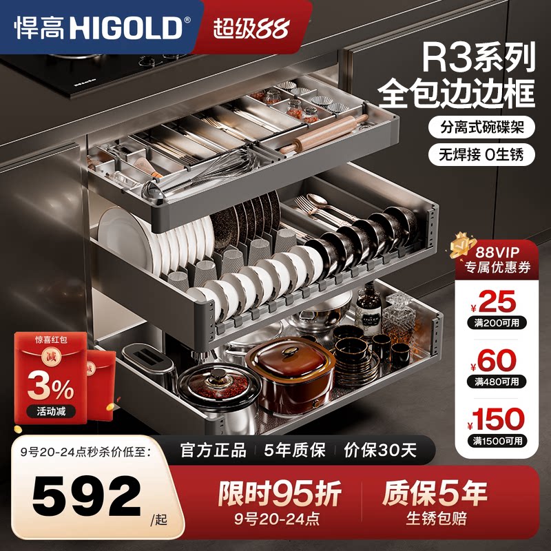 悍高R3系列全包边框厨房双层拉篮图片