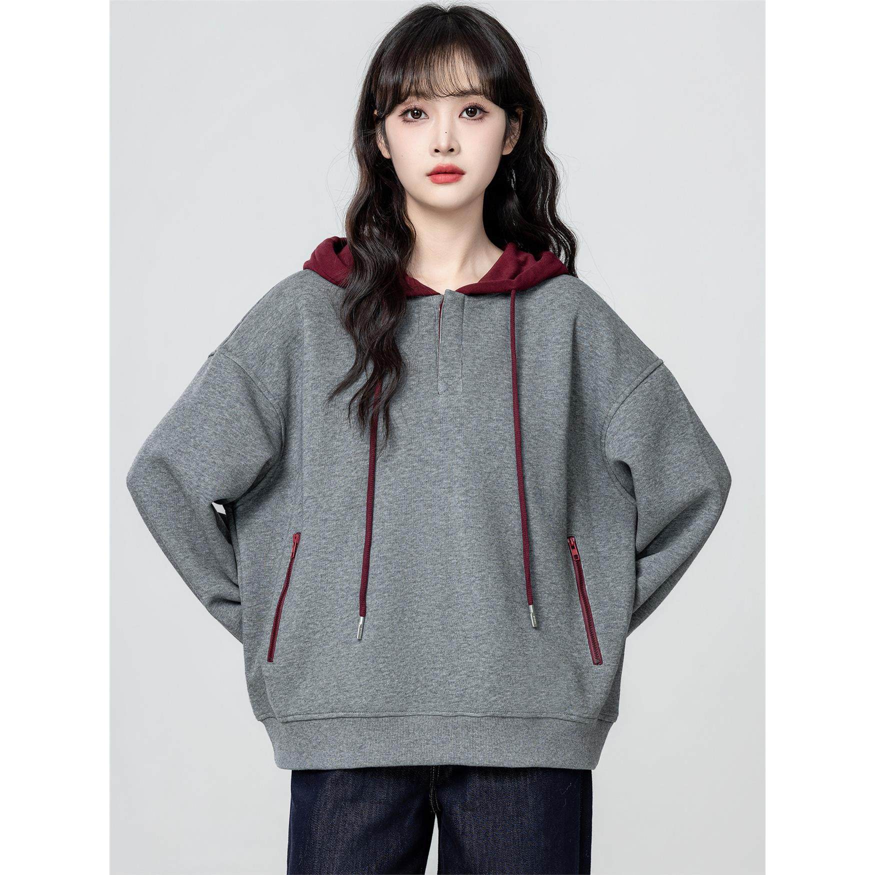 花灰色连帽卫衣女春秋2025秋季新款慵懒宽松学生套头带帽休闲上衣