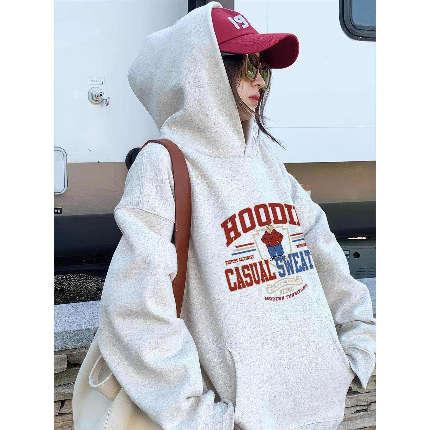 白灰色连帽卫衣女2025新款爆款秋冬季加绒加厚超好看单穿美式上衣