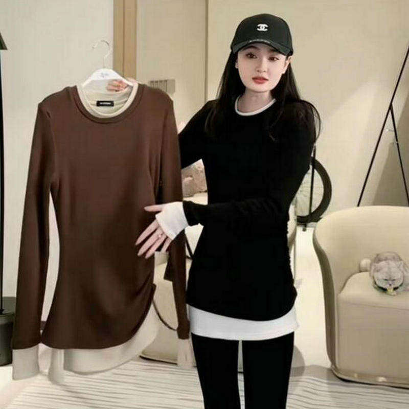 假两件拼接撞色磨毛长袖T恤女冬季收腰显瘦褶皱中长款打底衫上衣