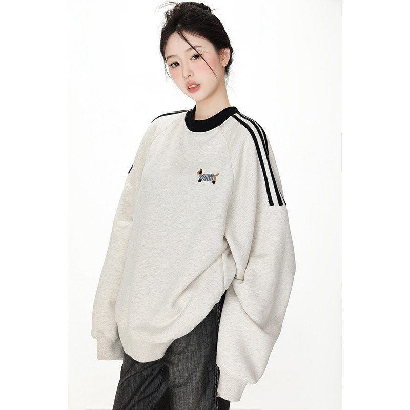 RTYHY 正肩无帽圆领三条杠卫衣女秋冬韩系慵懒风长袖加绒加厚上衣