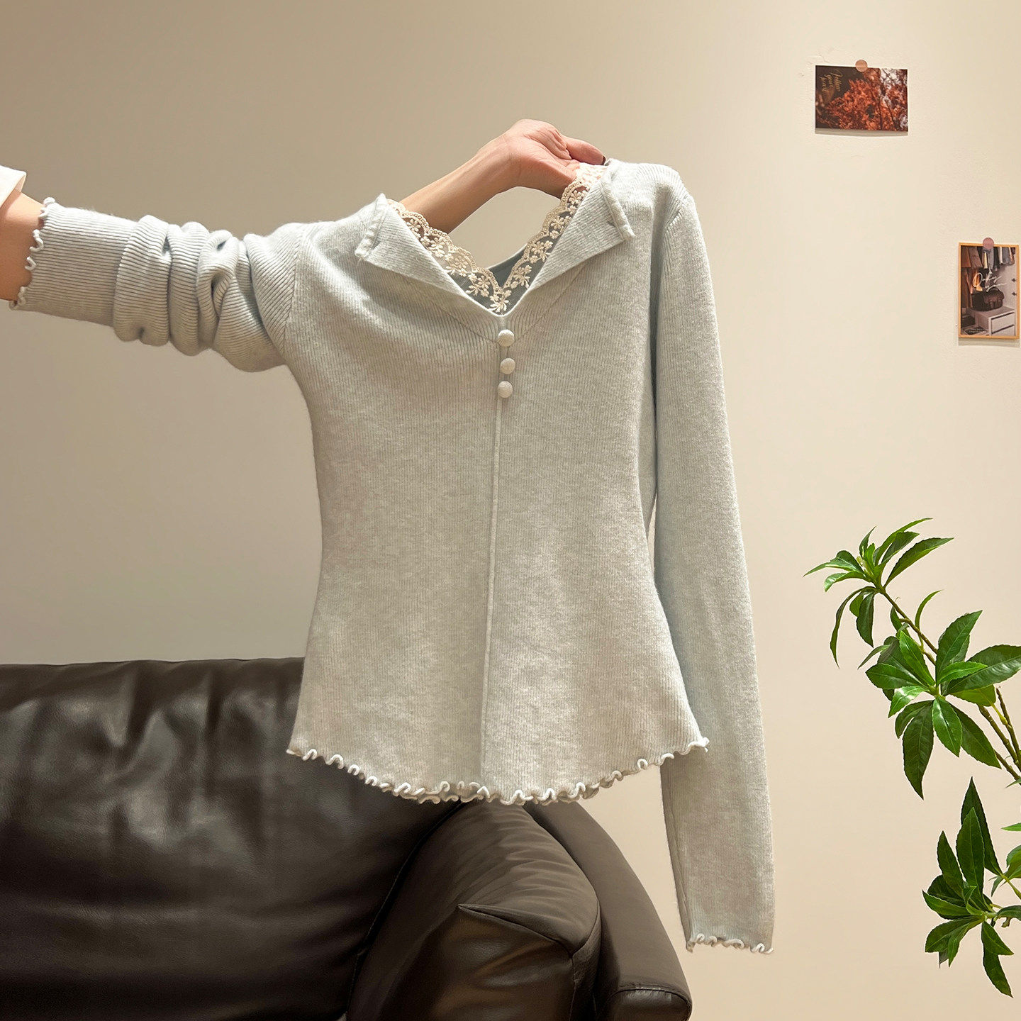蕾丝拼接翻领长袖修身内搭针织衫女春秋季假两件木耳边打底衫上衣,个性定制/设计服务/DIY,棉服工装,淘宝优惠券,粉丝福利购,淘宝优惠卷