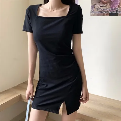 气质人棉短裙子夏季显瘦连衣裙包臀方领女装2025新款性感法式开叉
