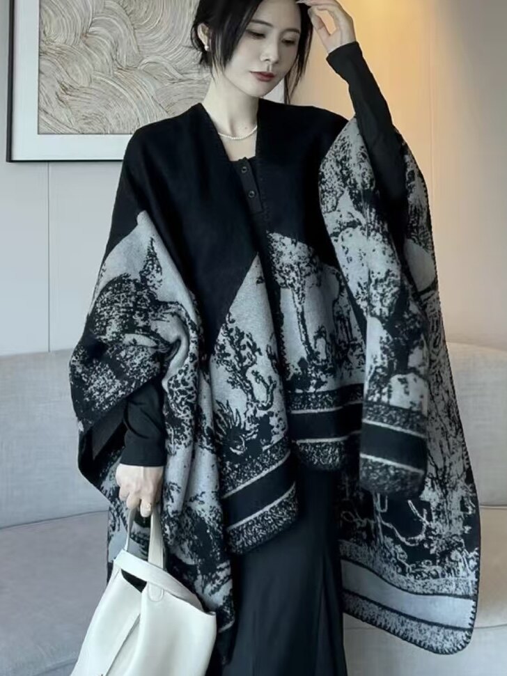 慵懒风宽松软糯温柔风空调房保暖针织披肩女秋冬感双面斗篷外搭