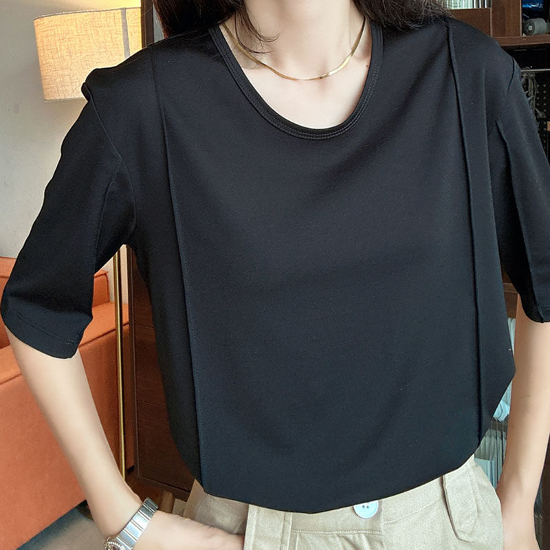 轻奢黑色t恤女短袖 冰丝光棉柔软亲肤宽松五分袖上衣显瘦百搭