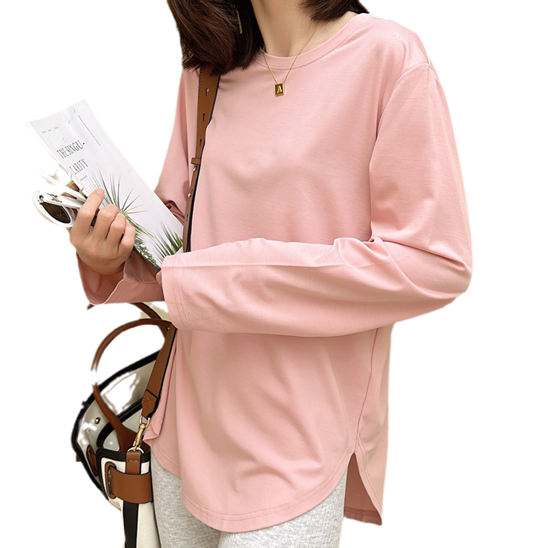 皮粉色中长款宽松打底衫女内搭洋气设计感时尚弧形冰丝长袖上衣潮
