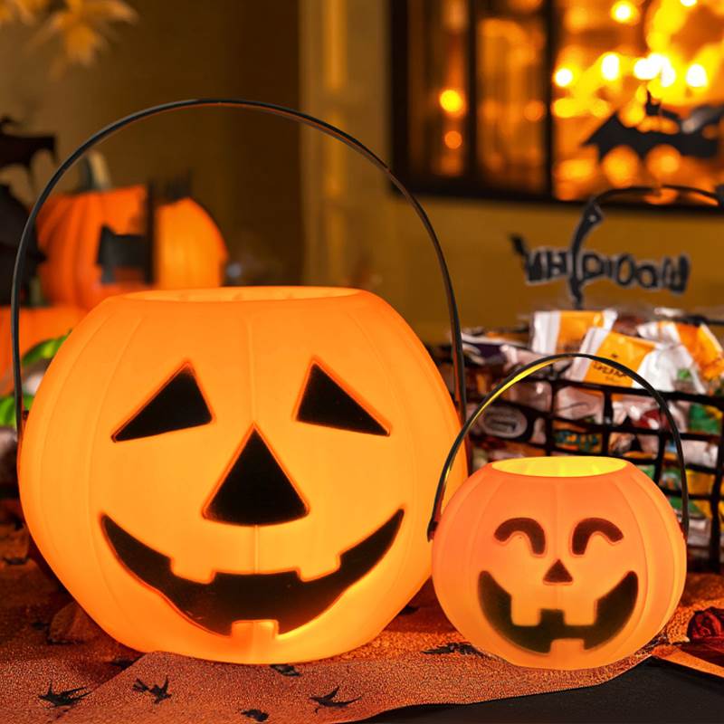 万圣节南瓜灯儿童手提灯笼发光桶装饰包装小礼物糖果篮子讨糖罐