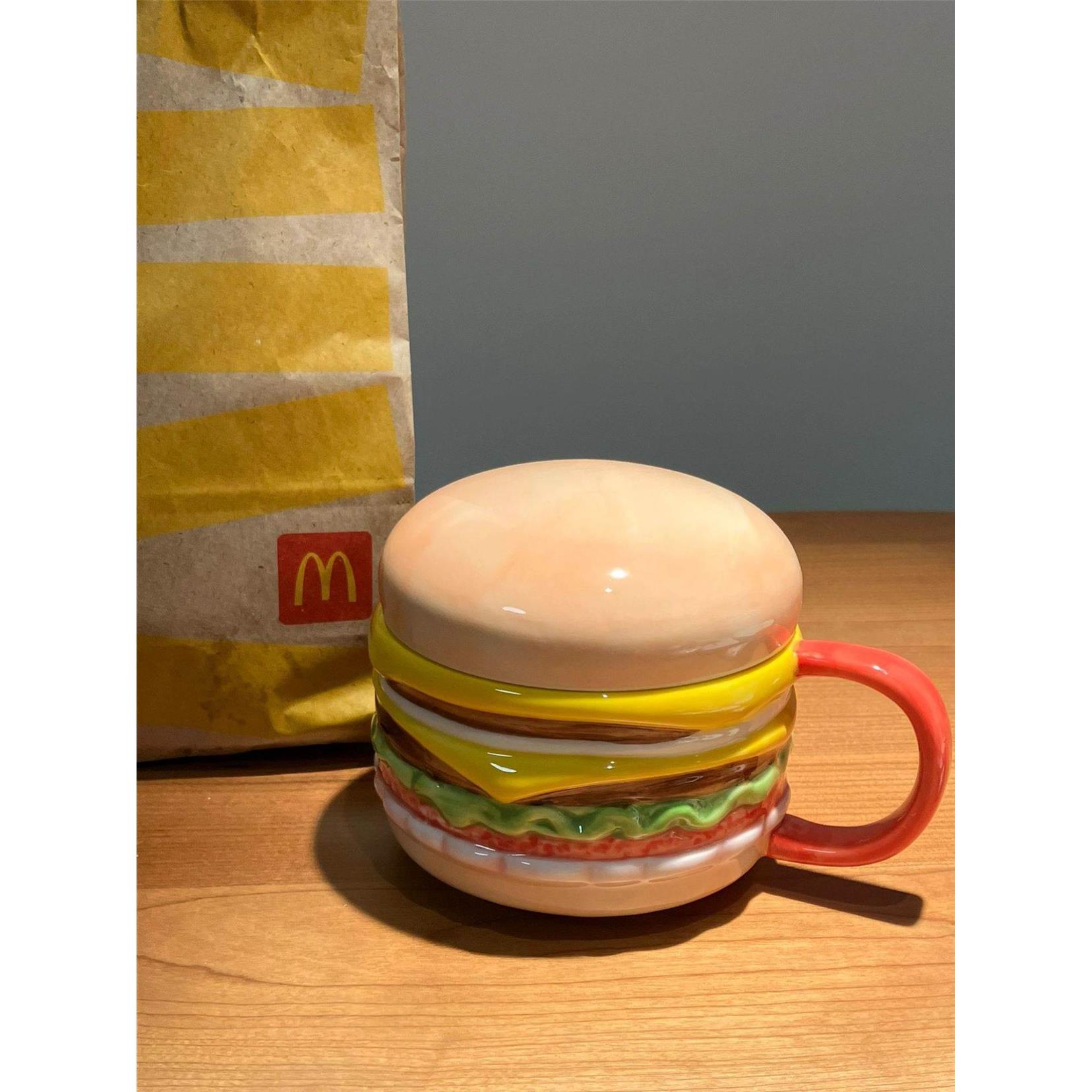 麦当劳陶瓷汉堡杯茶杯带盖子喝水杯咖啡可爱带把创意家用马克杯杯
