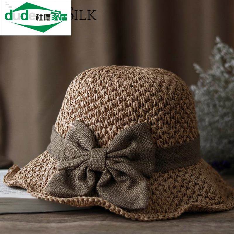 手工编织草帽防晒遮阳帽可折叠夏季出游大檐休闲渔夫帽蝴蝶结帽子