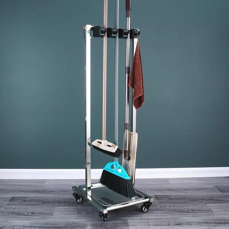 不锈钢拖把架落地式可移动置物架子放扫把架挂钩收纳清洁工具挂架