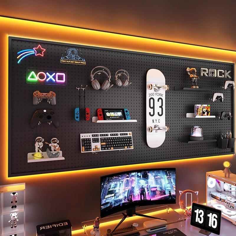 电竞房洞洞板置物架墙上电脑桌收纳架铁艺不锈钢冲孔板挂墙板货架