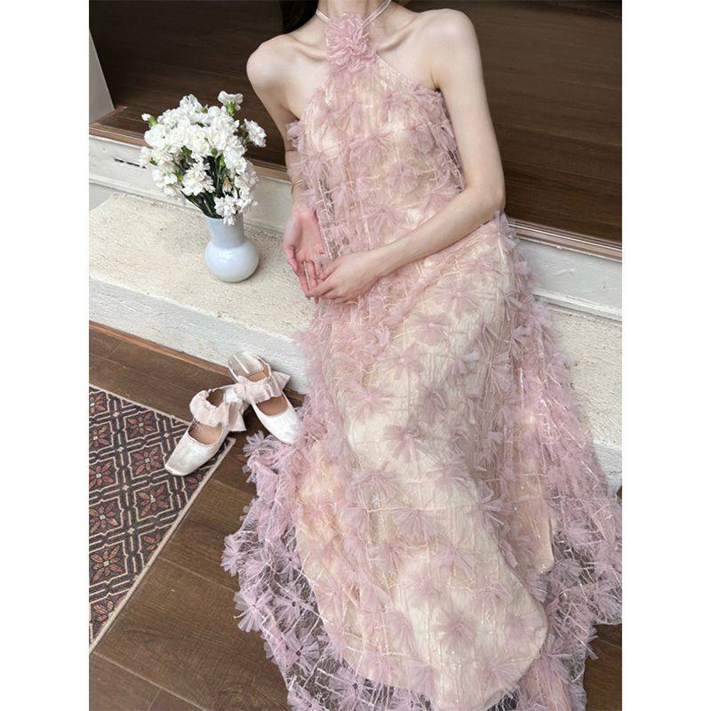 粉色晨袍轻婚纱新娘敬酒服订婚挂脖连衣裙轻奢高级感成人礼礼服女