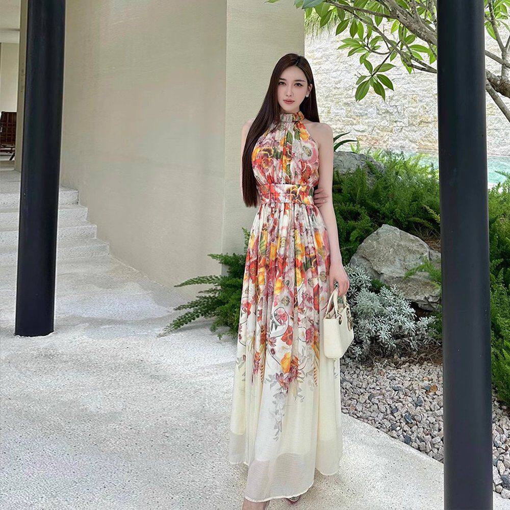 夏复古碎花挂脖连衣裙女