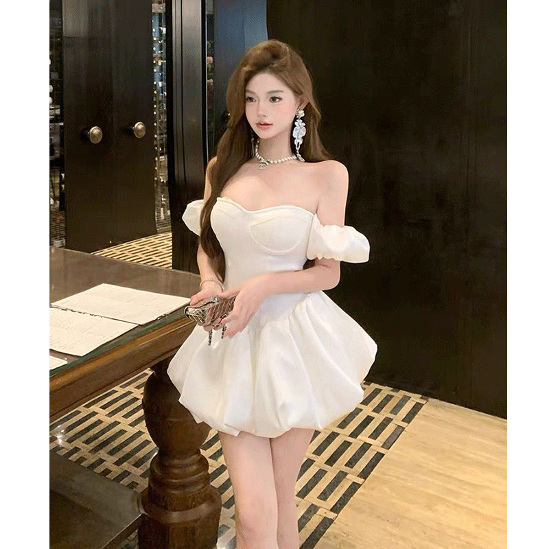 纯欲甜美一字肩连衣裙女夏季生日party小礼服蓬蓬公主裙