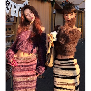 紫色针织套装女秋冬设计感时尚甜辣风套装炸街裙短款毛衣两件套