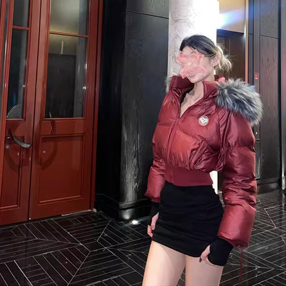 气质御姐风高级感仿皮草毛领保暖红色外套收腰财阀贵妇短款棉服女