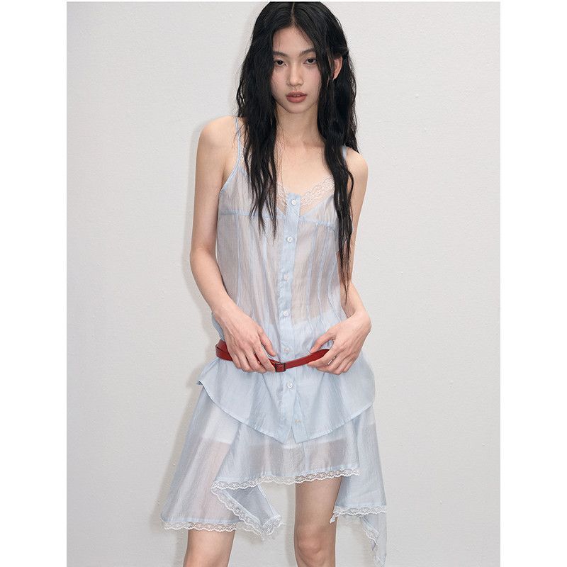 设计蓝色法式V领蕾丝吊带