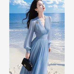 2025春装新款法式漂亮独特高级感气质收腰海边度假蓝色雪纺连衣裙