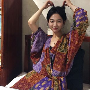 波西米亚花色长袖 度假风沙滩裙 连衣裙女设计感系带收腰显瘦中长款