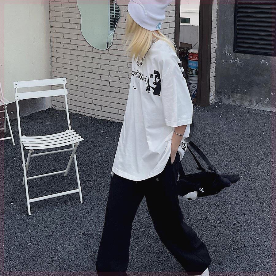 咕咕白 美式复古街头个性嘻哈人像印花hiphop圆领宽松半袖T恤男女