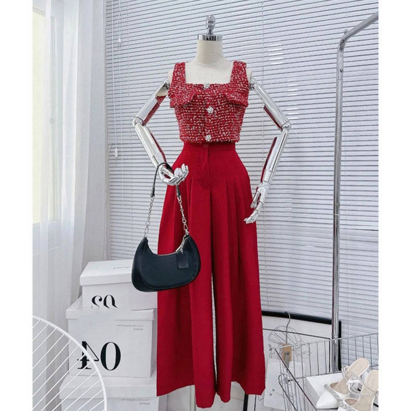 红色小香风粗花呢吊带背心女2024夏季高级感洋气小个子阔腿裤套装