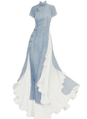 YEVA 新中式盘扣旗袍假两件牛仔连衣裙2025夏季新款收腰显瘦长裙